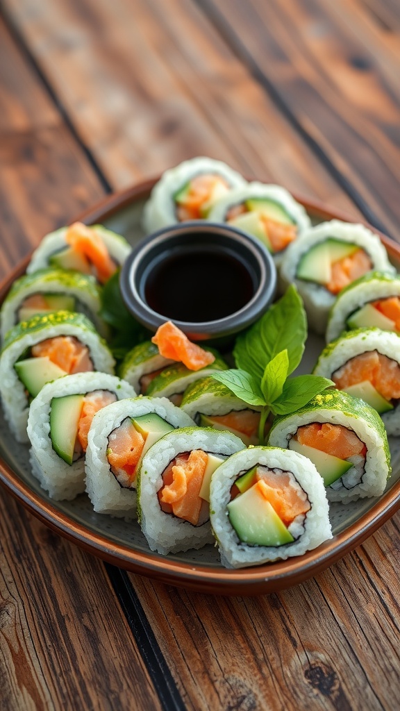 California sushi rolls with avocado, crab, cucumber, and garnishes on a wooden table.